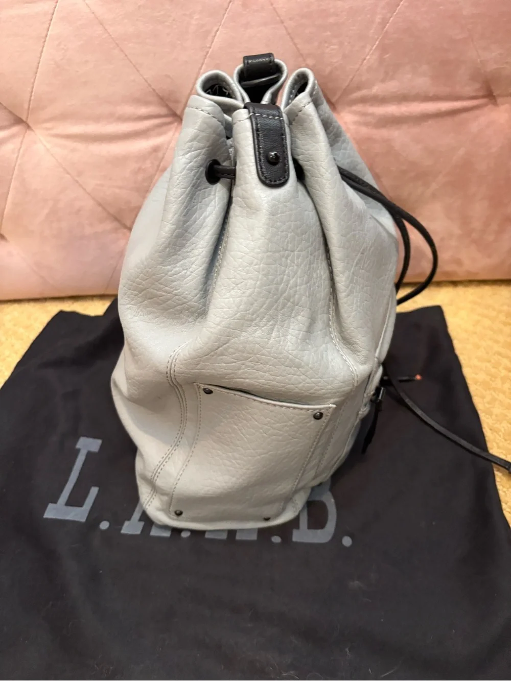 L.A.M.B. Light Gray Leather Drawstring Bucket Bag